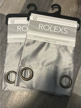 Rolex Silver Faux Silk Grommet Curtain Panel Pair